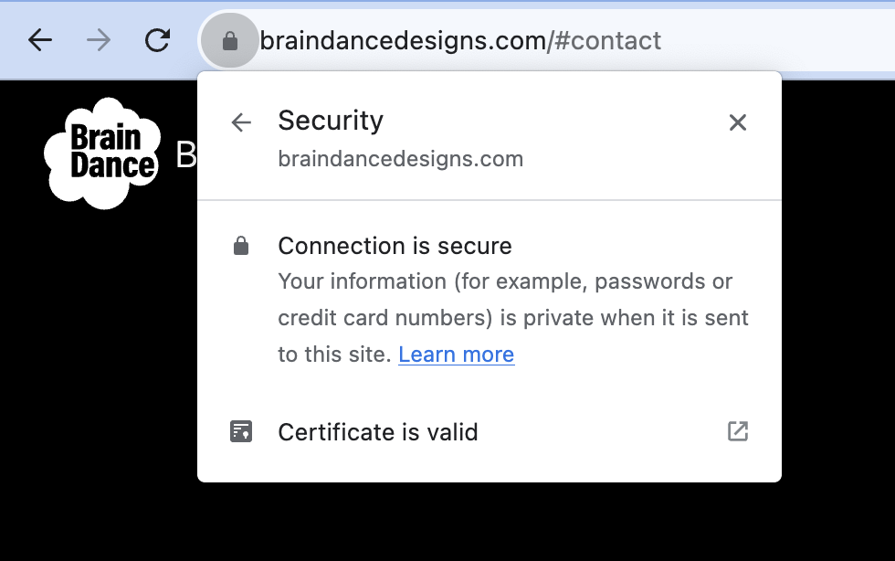 screenshot of browser indicating that braindancedesigns.com is secure